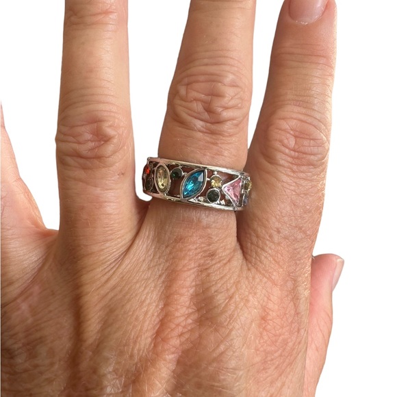 Geometric Shaped Multicolored Gemstone Silver Ring - Picture 3 of 8